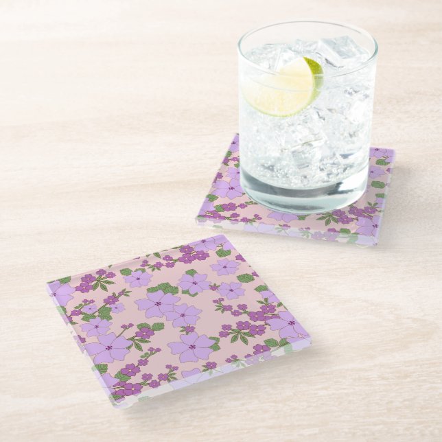 Posavasos De Vidrio Flores Púrpura, Patrón Floral, Patrón De Flores (Angular)