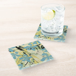 Posavasos De Vidrio Flores retro (azul y amarillo)