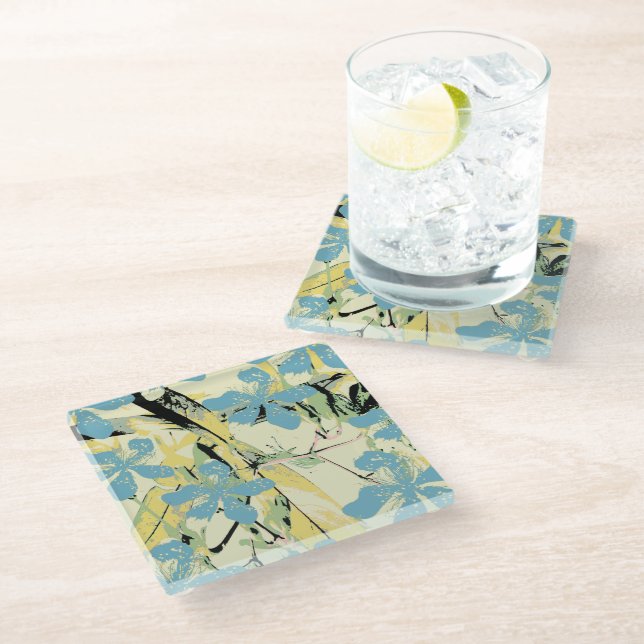 Posavasos De Vidrio Flores retro (azul y amarillo) (Angular)