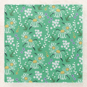 Posavasos De Vidrio Flores Retro, Patrón Botánico Sin Costuras.
