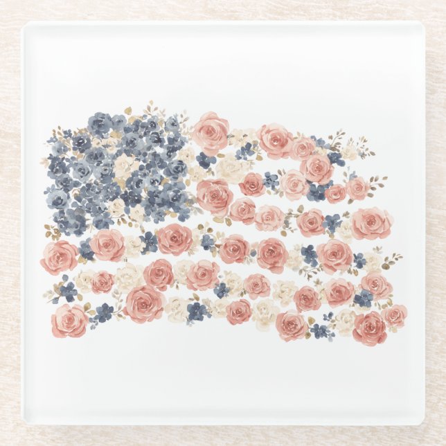 Posavasos De Vidrio Flores Rojo Blanco Azul (Anverso)