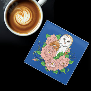 Posavasos De Vidrio Flores rosadas de búho barn azul