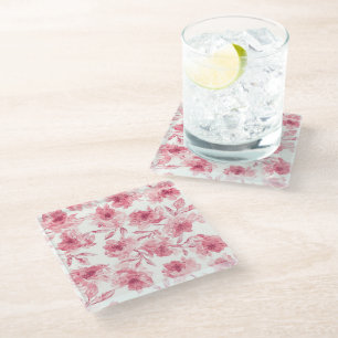 Posavasos De Vidrio Flores rosadas sonrosadas pintadas con acuarela fl