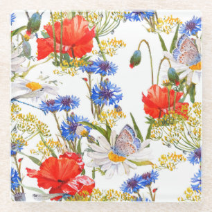 Posavasos De Vidrio Flores silvestres: acuarela azul oscuro sin costur