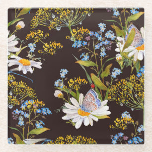 Posavasos De Vidrio Flores silvestres: acuarela de fondo negro