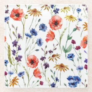 Posavasos De Vidrio Flores silvestres Acuarela Poppy Fondo Chamomile