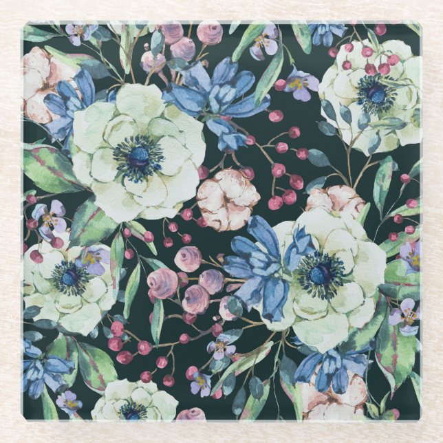 Posavasos De Vidrio Flores silvestres anémicas: Patrón de acuarela de  (Anverso)