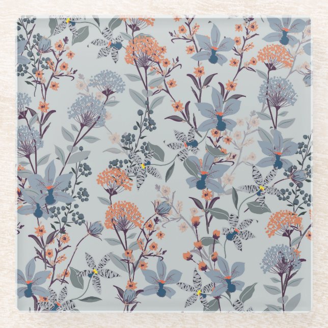 Posavasos De Vidrio Flores silvestres en azul, patrón botánico. (Anverso)