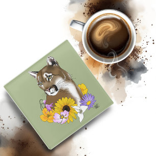 Posavasos De Vidrio Flores silvestres Puma León de Montaña Puma
