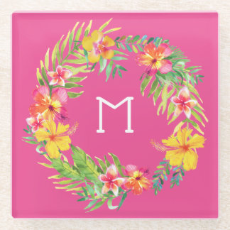 Posavasos De Vidrio Flores tropicales en rosa fucsia