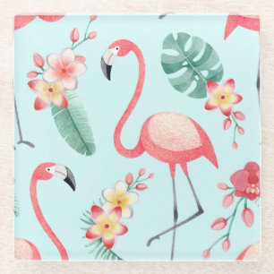 Posavasos De Vidrio Flores tropicales Flamingos Patrón de acuarela