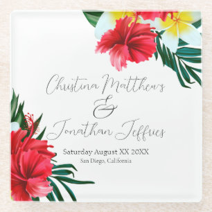 Posavasos De Vidrio Flores tropicales hawaianas en blanco elegante