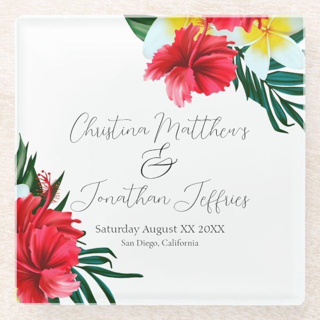 Posavasos De Vidrio Flores Tropicales Hawaianas sobre Blanco Elegante (Anverso)