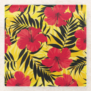 Posavasos De Vidrio Flores tropicales hojas de palma, patrón vintage.