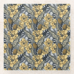 Posavasos De Vidrio Flores tropicales negras de lujo elegante Gold N'