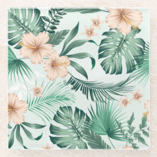 Posavasos De Vidrio Flores tropicales, patrón de follaje exuberante.