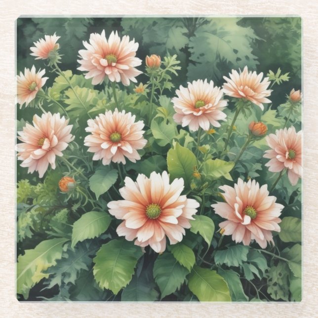 Posavasos De Vidrio Flores Verdor Acuarela Elegante (Anverso)