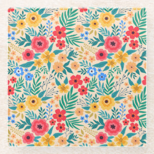 Posavasos De Vidrio Flores Vintage, Pequeñas Flores Coloridas.