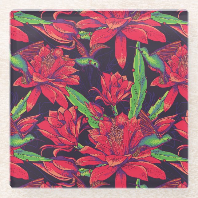 Posavasos De Vidrio Flores y colibríes (Anverso)