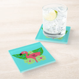 Posavasos De Vidrio Flores y flamencos tropicales