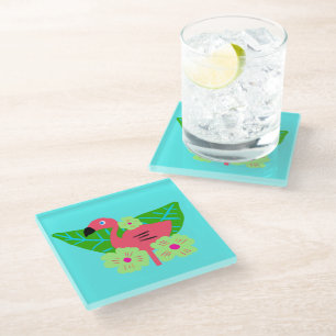 Posavasos De Vidrio Flores y flamencos tropicales