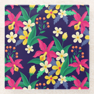 Posavasos De Vidrio Flores Y Hojas Exóticas Coloridas Patrón-55667