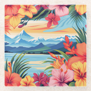Posavasos De Vidrio Flores y paisajes tropicales coloridos
