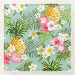 Posavasos De Vidrio Flores y piñas tropicales