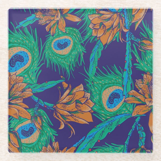 Posavasos De Vidrio Flores y plumas (Anverso)