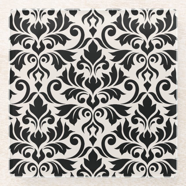 Posavasos De Vidrio Flourish Damask Lg Pattern Black on Cream (Anverso)