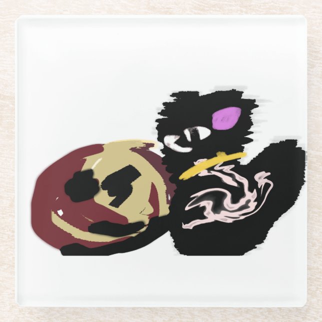 Posavasos De Vidrio Fluffy Black Cat Jack o Lantern fun  (Anverso)