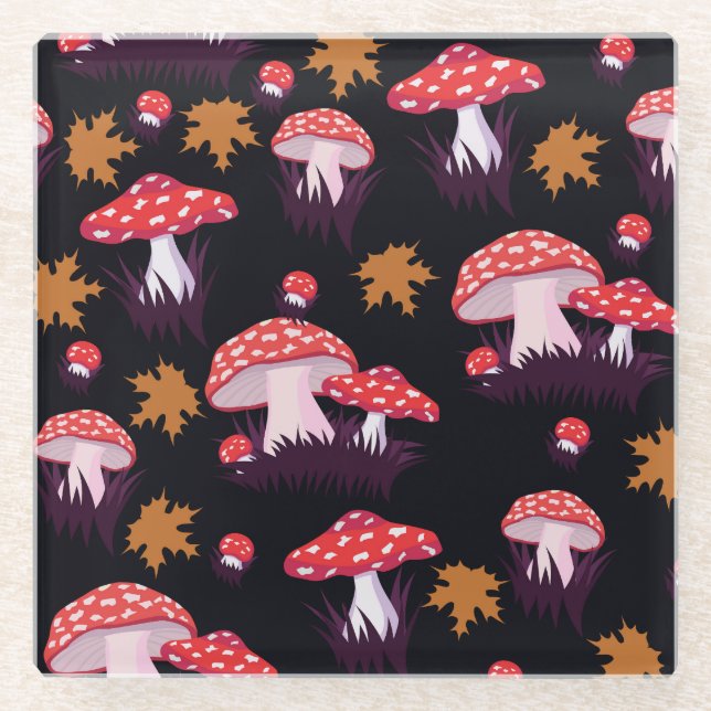 Posavasos De Vidrio Fly agaric, hojas de arce impresas (Anverso)