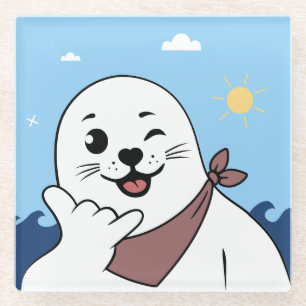 Posavasos De Vidrio Foca Guiñando con Pañuelo en la Cabeza Haciendo el