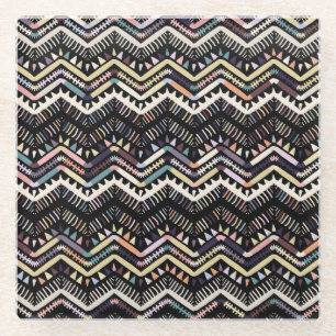 Posavasos De Vidrio Folclore geométrico Ikat, patrón tribal azteca.