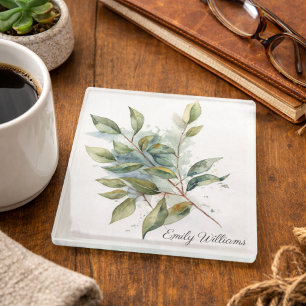 Posavasos De Vidrio Follaje Verde Elegante Acuarela, personalizado