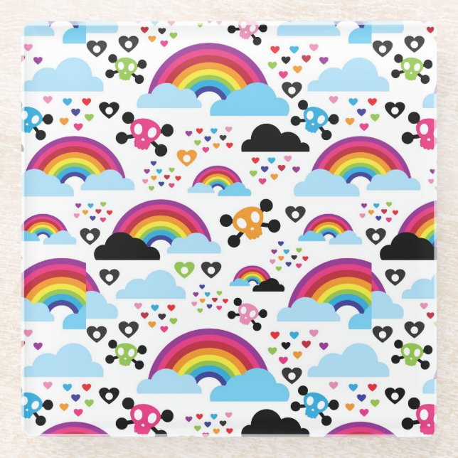 Posavasos De Vidrio Fondo adolescente del cráneo del arco iris del emo (Anverso)