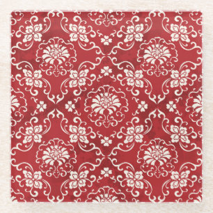 Posavasos De Vidrio Fondo de flores de espiral roja china.