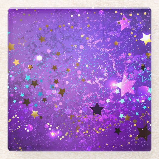 Posavasos De Vidrio Fondo de Relieve metalizado púrpura con estrellas (Anverso)