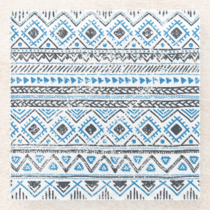 Posavasos De Vidrio Fondo étnico azul, blanco sin costura.