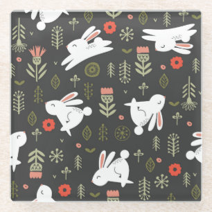 Posavasos De Vidrio Fondo oscuro, conejos blancos, cosecha floral.