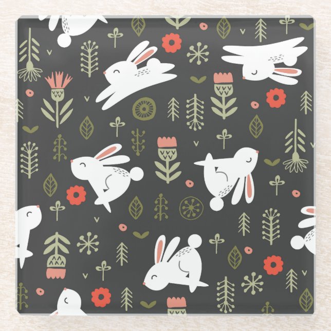 Posavasos De Vidrio Fondo oscuro, conejos blancos, cosecha floral. (Anverso)