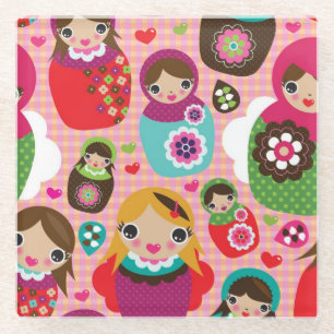 Posavasos De Vidrio Fondo ruso del ilustracion de la muñeca