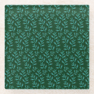 Posavasos De Vidrio Fondo verde oscuro con hojas botánicas teal