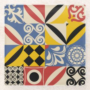 Posavasos De Vidrio Formas geométricas retro: azulejos azules azules.