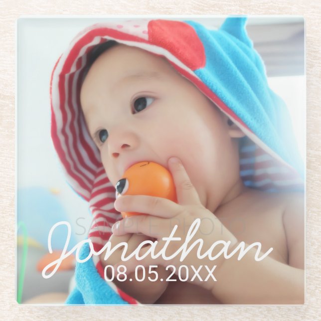 Posavasos De Vidrio Foto de encargo con nombre y la fecha (Anverso)