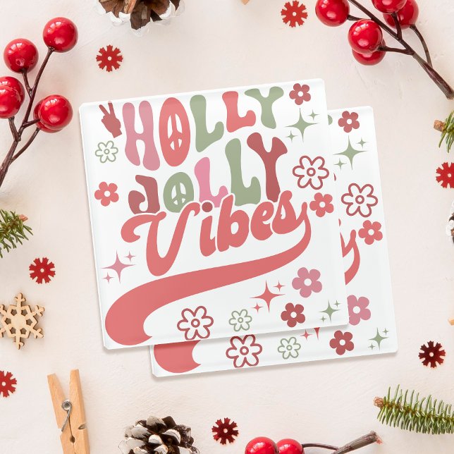 Posavasos De Vidrio Foto de feriado de Retro Groovy Holly Jolly Vibes (Retro Groovy Holly Jolly Vibes Holiday Photo Glass Coaster)