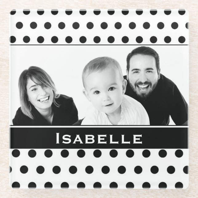 Posavasos De Vidrio Foto de Personalizado de puntos de polka blanco y  (Anverso)