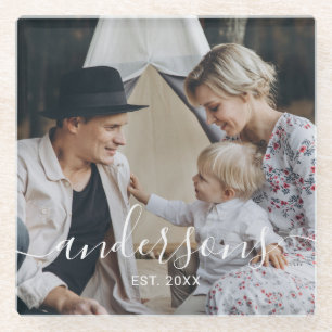 Posavasos De Vidrio Foto del personalizado con apellido y año establec