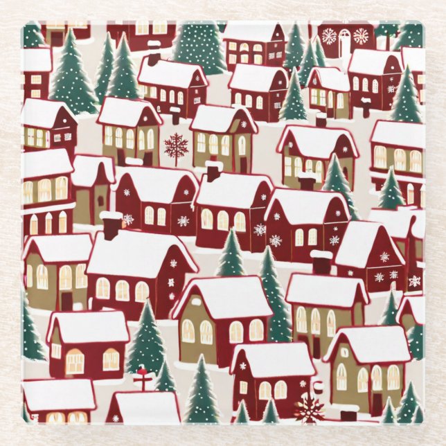 Posavasos De Vidrio Foto del pueblo de Navidad en árbol de Navidad (Anverso)