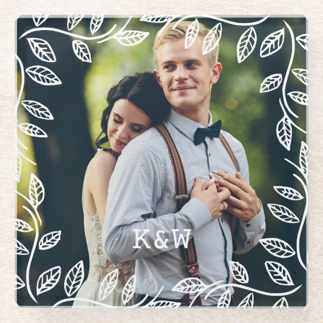 Posavasos De Vidrio Foto Monogramada de marco de hojas delgadas (Anverso)